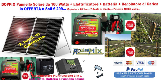 Elettrificatore con doppio pannello solare e piedino di supporto, batteria AGM ciclica ricaricabile e regolatore di carica