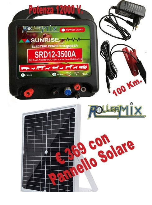 Kit Elettrificatore 3 in 1,  a corrente, a batteria e con pannello solare. Copertura 100 km., 6,5 Joule in uscita, 15000 volts di potenza